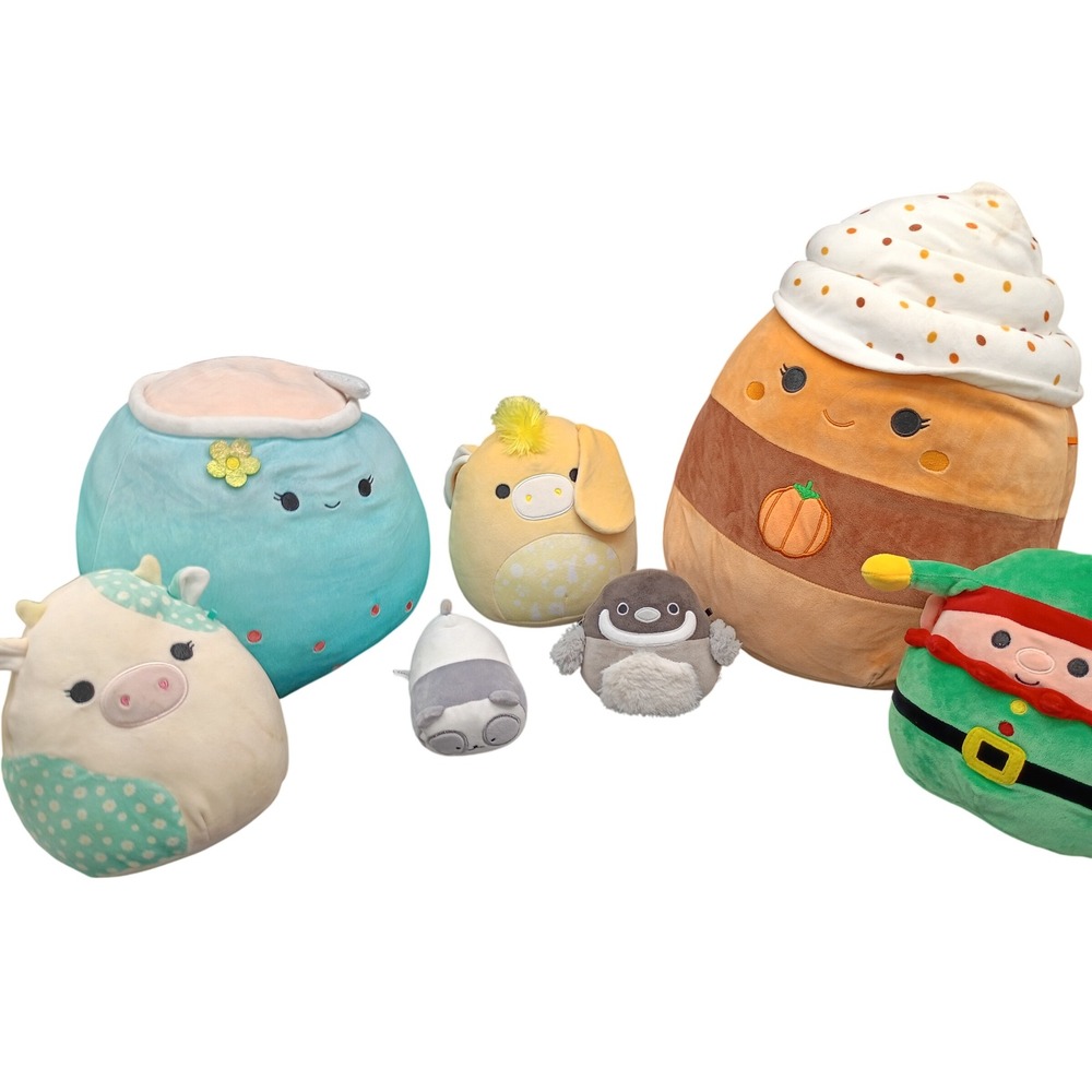 Squishmallows Plush Lot 7pc Pumpkin Spice Latte Elf Cow Sloth Panda Chick 5-12in